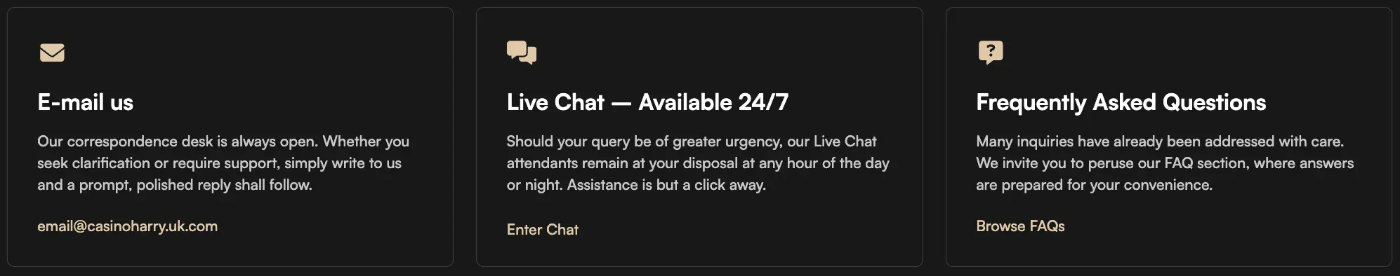 Customer support options at Harrycasino
